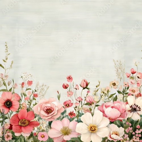 A delicate border of pastel pink and white flowers on a soft blue background.