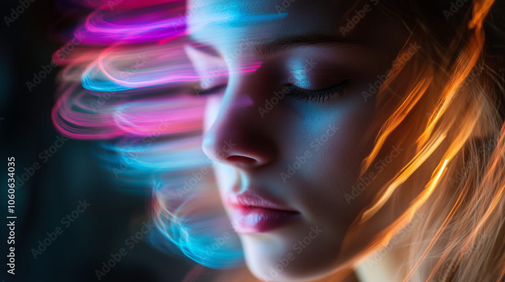 A long exposure close-up shot of a woman's face generated by AI A long exposure close-up shot of a woman's face generated by AI