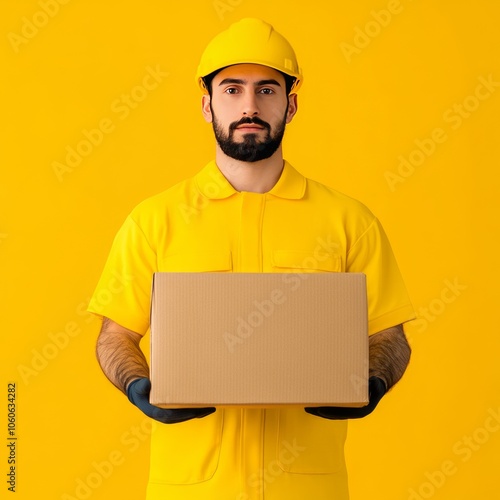 A delivery man in a yellow uniform holding a cardboard box.