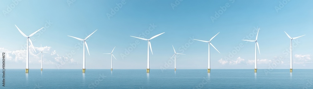 Serene view of offshore wind turbines on calm water under a clear blue sky, showcasing renewable energy in a peaceful environment. Serene view of offshore wind turbines on calm water under a clear blue sky, showcasing renewable energy in a peaceful environment.