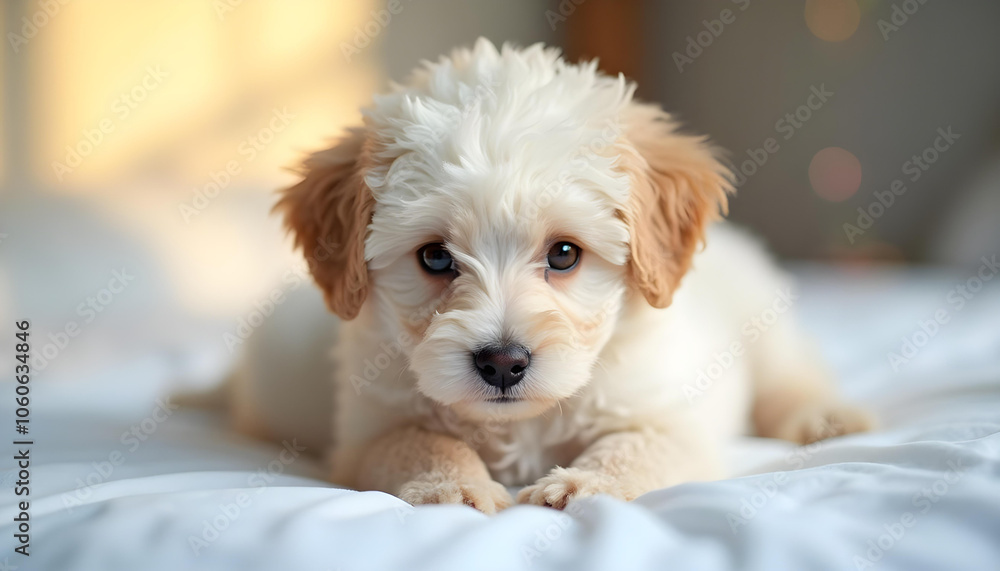lindo cachorro caniche entre sábanas de la cama lindo cachorro caniche entre sábanas de la cama