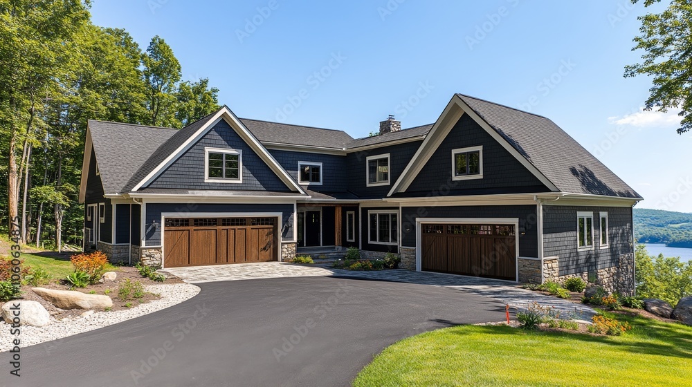 Modern house with a scenic view, surrounded by greenery and a well-maintained driveway. Modern house with a scenic view, surrounded by greenery and a well-maintained driveway.
