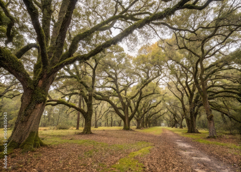 A tranquil pathway winds through towering oak trees, their branches draped with vibrant green moss, creating a peaceful retreat in nature during autumn. A tranquil pathway winds through towering oak trees, their branches draped with vibrant green moss, creating a peaceful retreat in nature during autumn.