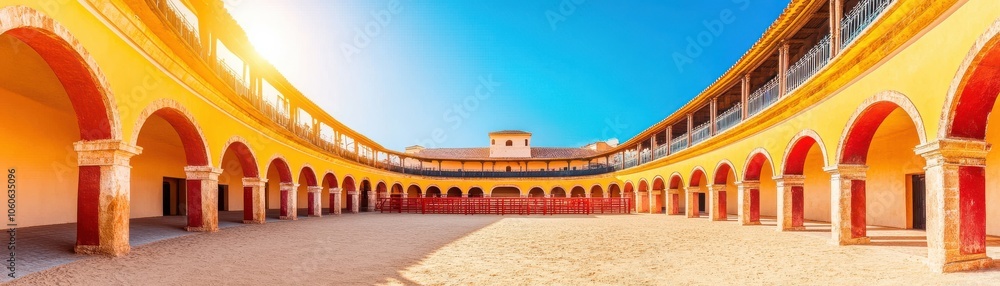 Fototapeta premium Vibrant panoramic view of a historical courtyard adorned with colorful arches under a clear blue sky.