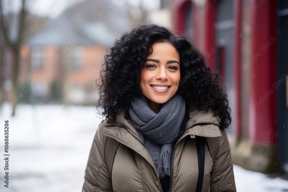 Portrait of a beautiful young woman in winter clothes smiling at the camera Portrait of a beautiful young woman in winter clothes smiling at the camera