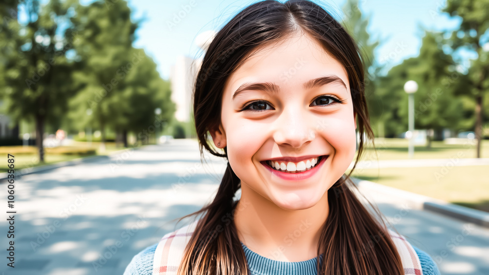 young girl with a bright smile stands on a paved path young girl with a bright smile stands on a paved path
