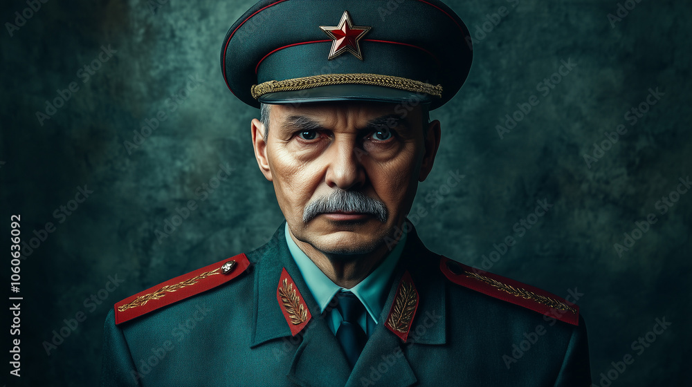 Obraz premium Mężczyzna w wojskowym mundurze, z wyraźnymi odznaczeniami, patrzy prosto w kamerę z pewnością siebie i siłą.