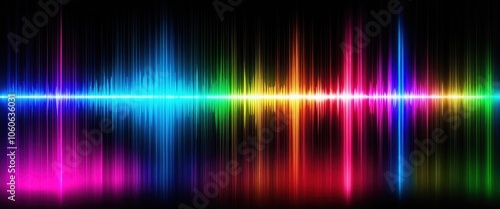 colorful sound waves, vibrant spectrum, audio visualization, neon lights, digital equalizer, rainbow colors, abstract music background, glowing energy lines, dynamic waveform, futuristic audio display