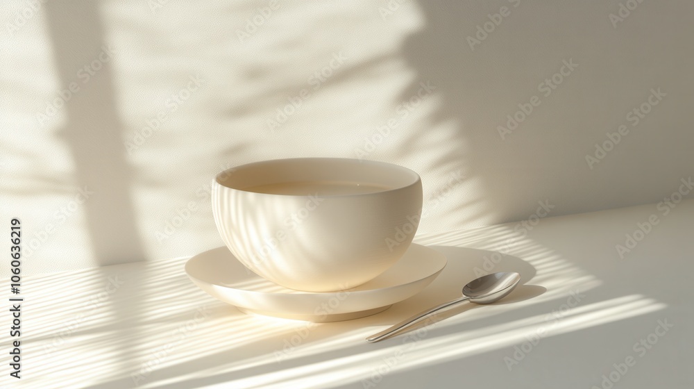 Serene morning light on warm cup of coffee spoon Serene morning light on warm cup of coffee spoon
