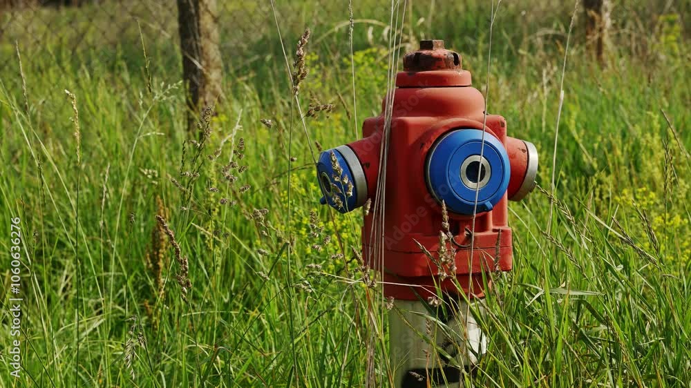 Red water hydrant in countryside landscape, 4K Red water hydrant in countryside landscape, 4K