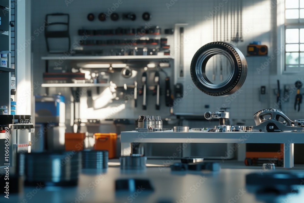 3D visualization of automotive components in a workshop with an industrial equipment theme 3D visualization of automotive components in a workshop with an industrial equipment theme