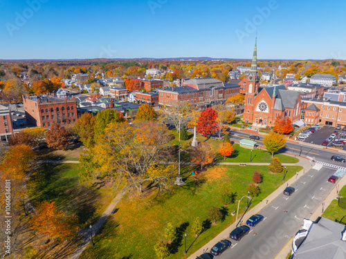 Canvastavla First Congregational Church and Town Common aerial view in fall with foliage in historic town center of Natick, Massachusetts MA, USA