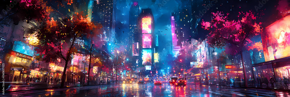 Obraz premium Vibrant Synthwave Cityscape: Neon Anime and Manga Art