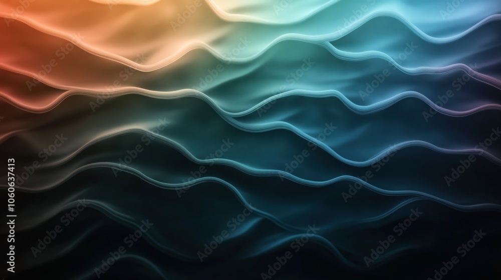 Obraz premium Abstract background with colorful undulating lines creating a wave-like pattern in gradient hues of orange, green, and blue.