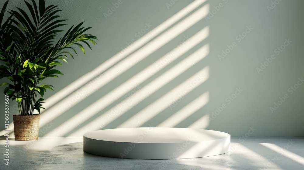 A modern round pedestal bathed in sunlight with strong shadows, beside a vibrant green plant in a large pot, set in an intentionally minimalistic space. A modern round pedestal bathed in sunlight with strong shadows, beside a vibrant green plant in a large pot, set in an intentionally minimalistic space.