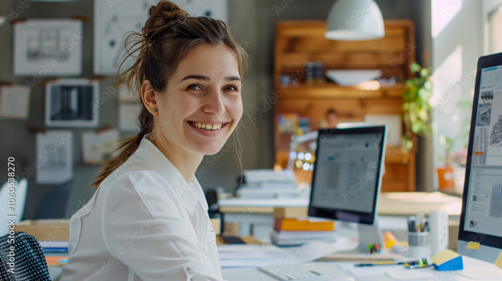 An architect woman sits at her desk, using a computer for web design in a construction firm or agency. She smiles as she works on research for an architecture website layout. An architect woman sits at her desk, using a computer for web design in a construction firm or agency. She smiles as she works on research for an architecture website layout.