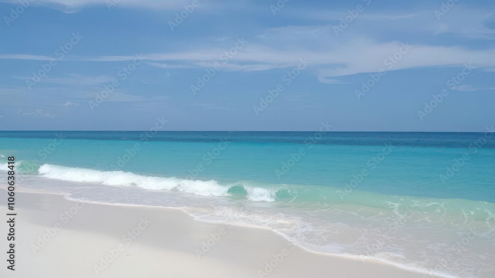A mesmerizing view of a beautiful sandy beach with soft blue ocean waves gently crashing onto the shore, horizon, serene A mesmerizing view of a beautiful sandy beach with soft blue ocean waves gently crashing onto the shore, horizon, serene