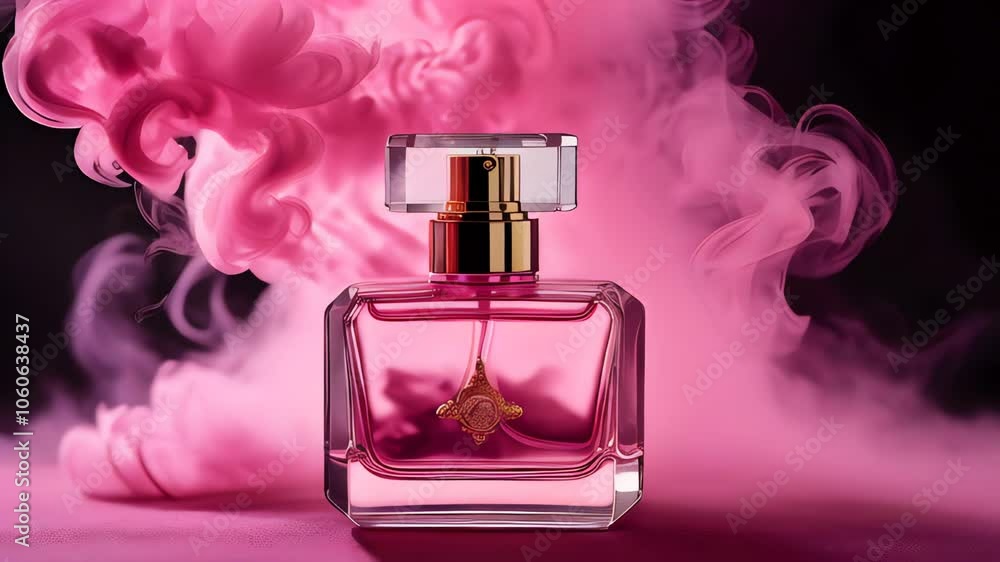 luxury rich women's perfume in a glass bottle stands in smoke on a pink background, eau de toilette, fragrance, aroma 