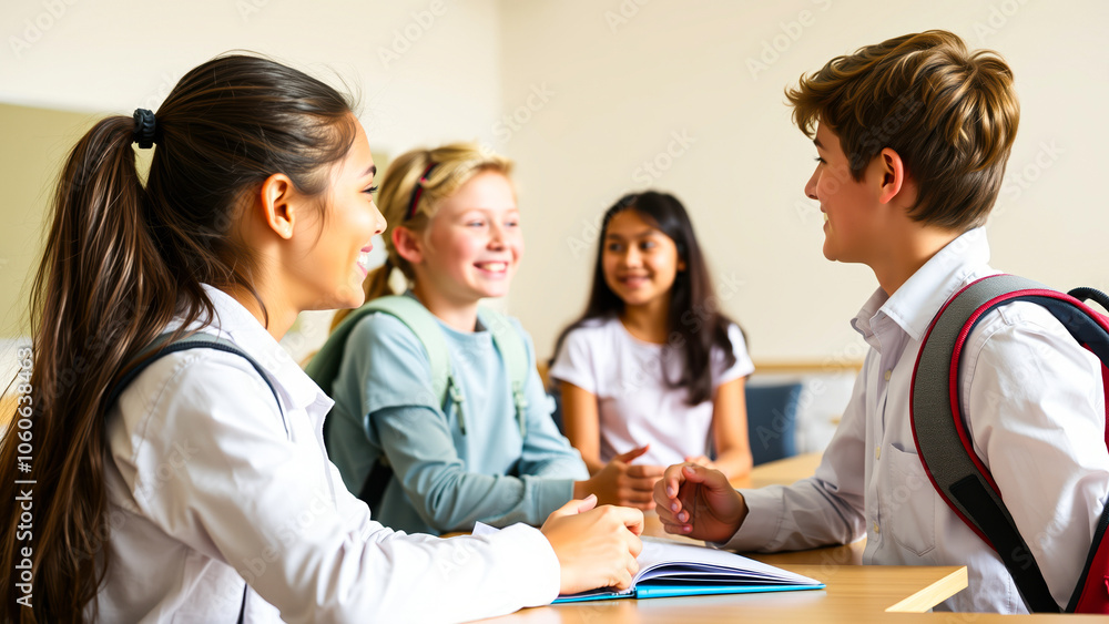 four students share a lively conversation a casual setting four students share a lively conversation a casual setting