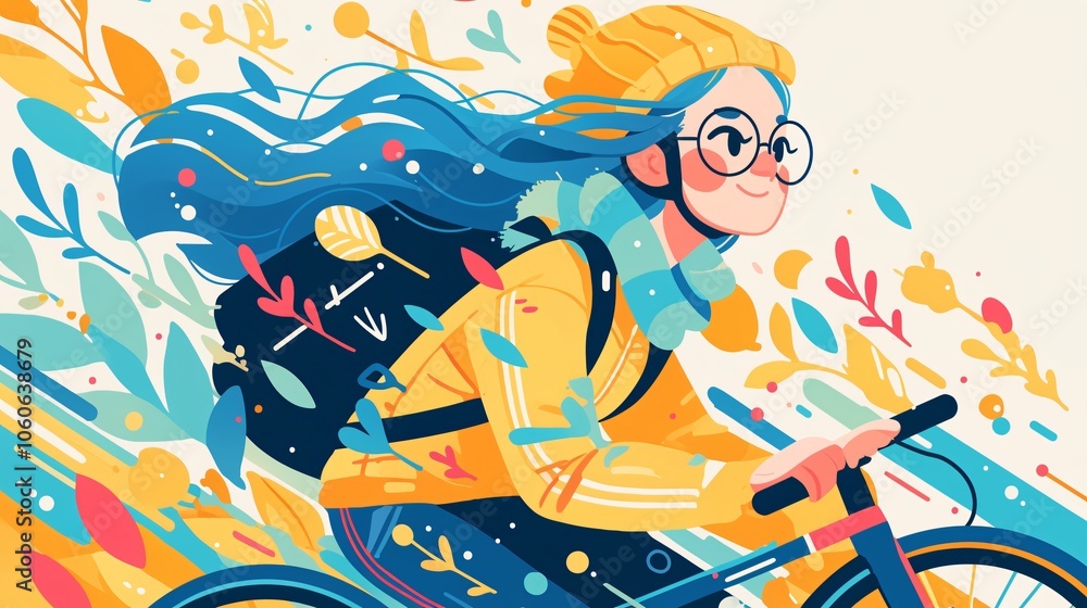 Naklejka premium a woman cycling, colorful cartoon style