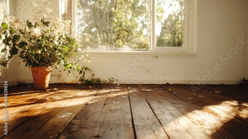 A beautifully lit room, with sunlight pouring through a window, illuminated with a cluster of blooming flowers, adds vibrant color and a welcoming vibe.