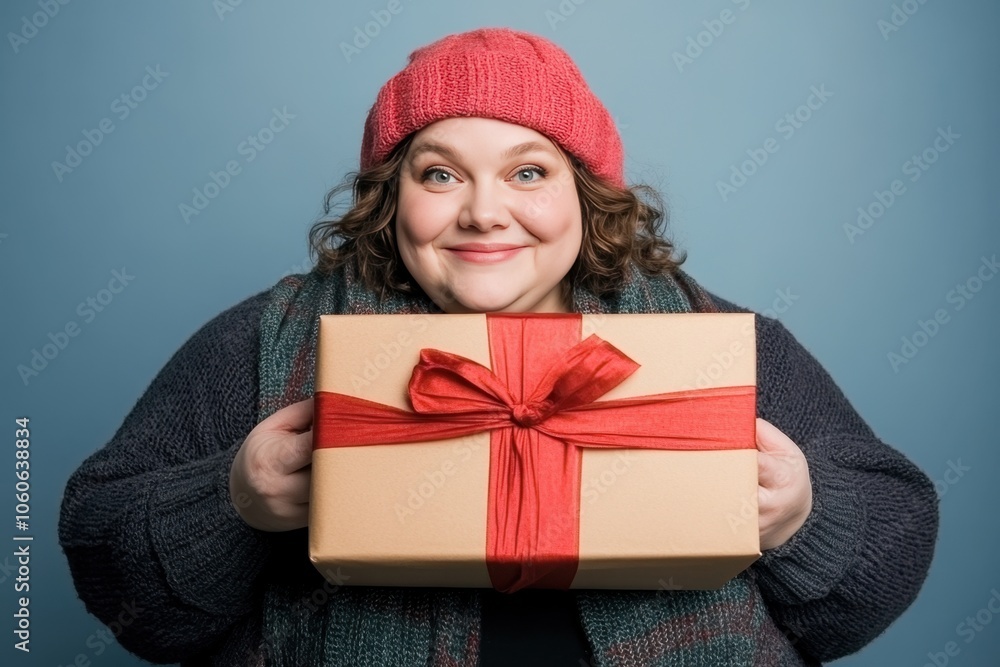Excited woman in red beanie holding gift box with red ribbon Excited woman in red beanie holding gift box with red ribbon