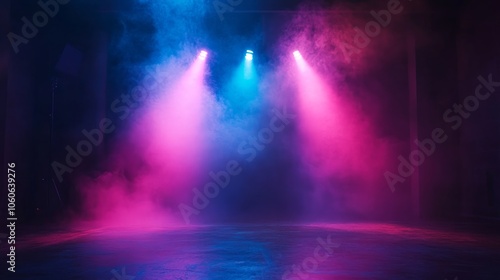 Two spotlights illuminate a dark room filled with pink and blue smoke.