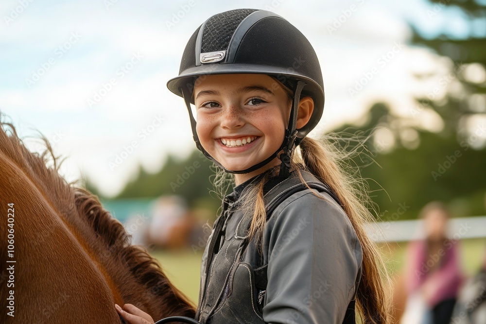 Young Girl Smiling with Freckles Wearing a Riding Helmet Near a Brown Horse Young Girl Smiling with Freckles Wearing a Riding Helmet Near a Brown Horse