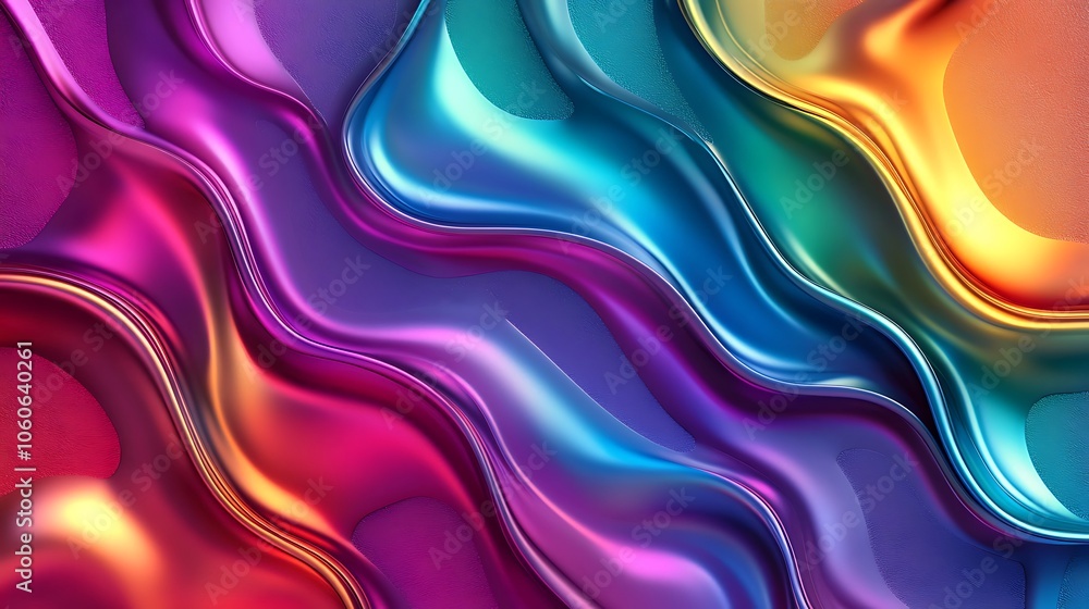 Fototapeta premium Iridescent foil with holographic rainbow effects, forming smooth waves and abstract shapes