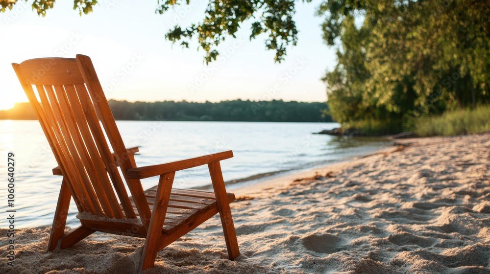 A beautifully rustic wooden chair is positioned at the sandy edge of a tranquil beach, offering a spectacular view of the sparkling water under serene skies. A beautifully rustic wooden chair is positioned at the sandy edge of a tranquil beach, offering a spectacular view of the sparkling water under serene skies.