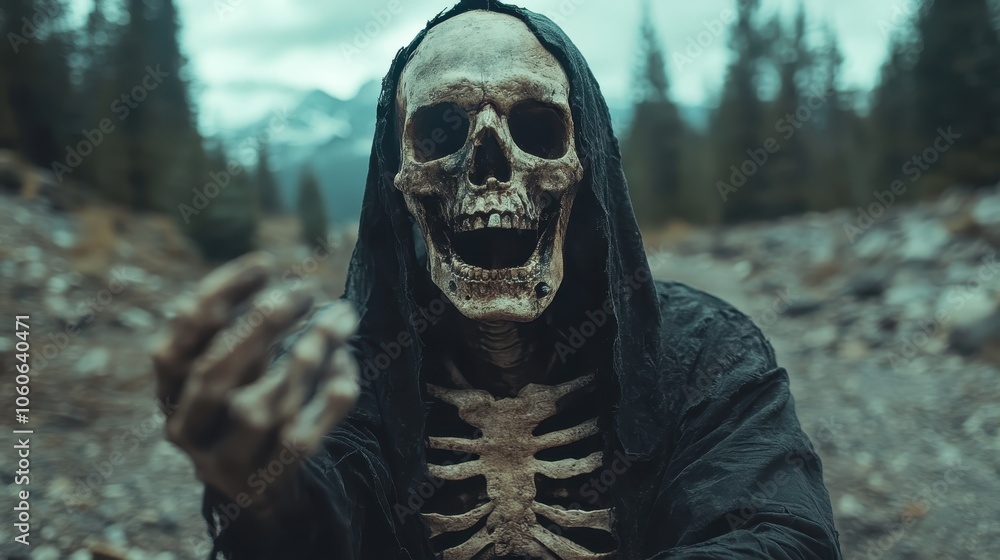 A haunting skeletal figure cloaked in a tattered robe extends its bony hand towards the viewer in a misty forest, evoking dread and macabre curiosity. A haunting skeletal figure cloaked in a tattered robe extends its bony hand towards the viewer in a misty forest, evoking dread and macabre curiosity.