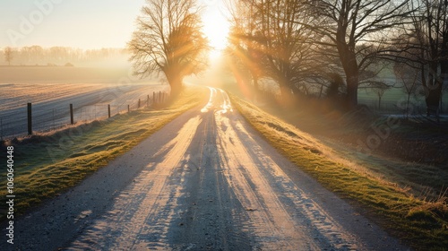 Sun rays casting long shadows on a quiet country road
