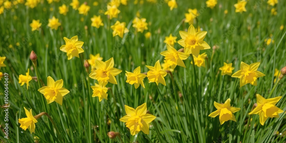 Fototapeta premium Vibrant yellow daffodil flowers blooming in a lush green field under the bright sun, nature, flowers