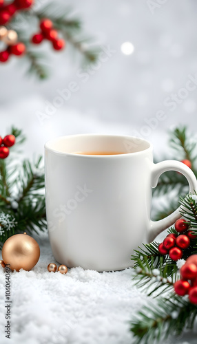 White ceramic tea mug mockup with winter xmas decorations and copy space for your design. Front view 10oz cup background for Christmas promotional content isolated with white highlights, png