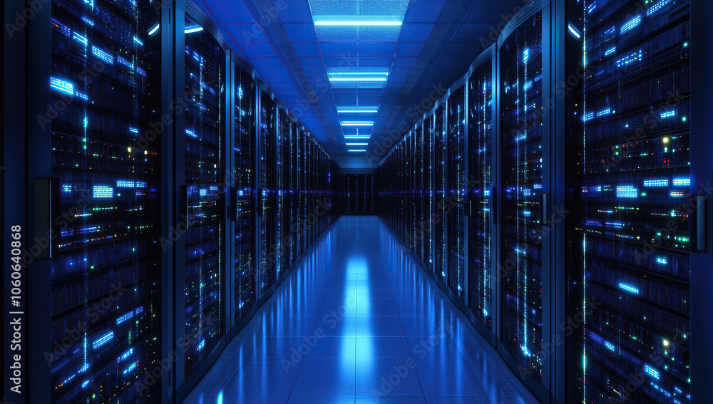 Fototapeta premium Futuristic Data Center Hallway with Brightly Lit Server Cabinets