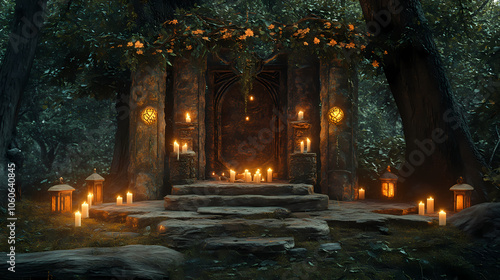 Fantasy shrine with a celtic altar, candles and lanterns in the woods. 3d render. Celtic Forest Shrine. Illustration