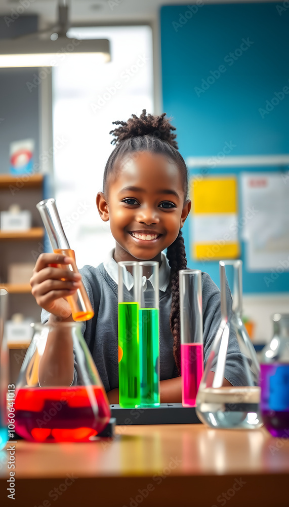 Happy african american student girl is learning and test science chemical with colorful liquid in tube test and beaker in laboratory room at to school isolated with white highlights, png Happy african american student girl is learning and test science chemical with colorful liquid in tube test and beaker in laboratory room at to school isolated with white highlights, png