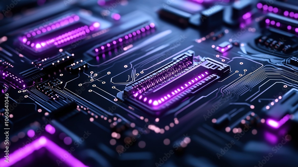 Φωτογραφία Close-up of a futuristic circuit board with glowing purple lights and intricate electronic pathways, showcasing advanced technology and connectivity in a digital microchip environment