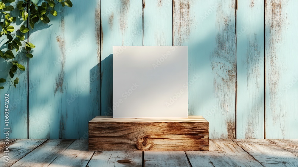 An elegant, pristine square frame positioned on a rustic wooden platform outdoors, reflecting harmony between modern design and nature, against a weathered blue wall. An elegant, pristine square frame positioned on a rustic wooden platform outdoors, reflecting harmony between modern design and nature, against a weathered blue wall.
