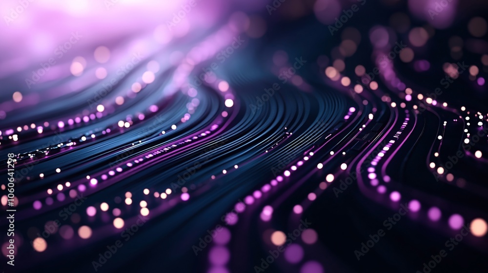 Abstract digital landscape with flowing curves and glowing purple and pink dots on a dark background, representing data or energy flow in a futuristic concept Abstract digital landscape with flowing curves and glowing purple and pink dots on a dark background, representing data or energy flow in a futuristic concept