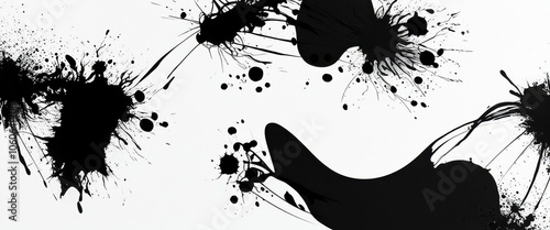 Abstract black ink splatter, dynamic brush strokes, monochromatic artwork, high contrast, expressive calligraphy, minimalist composition, Japanese sumi-e style, fluid motion, spontaneous gestures, neg photo