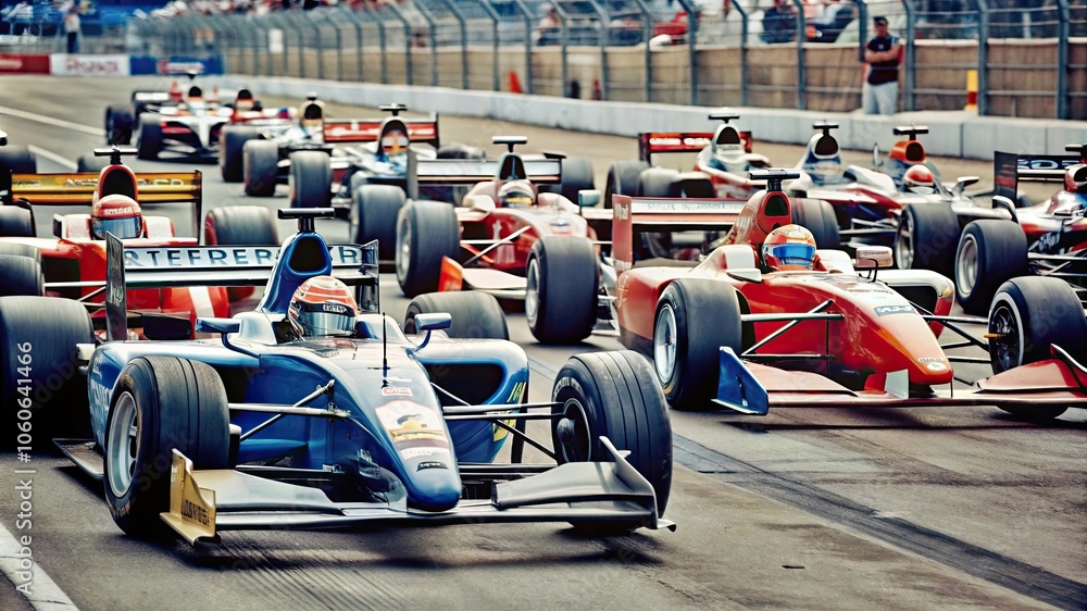 Fototapeta premium The Thrill of Motorsport: Formula 1 Race Cars at the Starting Grid, Ready to Unleash Their Power. Racing cars before the start