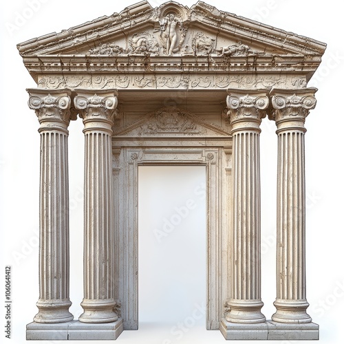 An intricately designed ancient stone temple entrance with four grand columns.