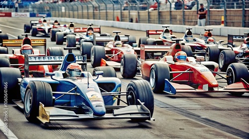 The Thrill of Motorsport: Formula 1 Race Cars at the Starting Grid, Ready to Unleash Their Power. Racing cars before the start photo