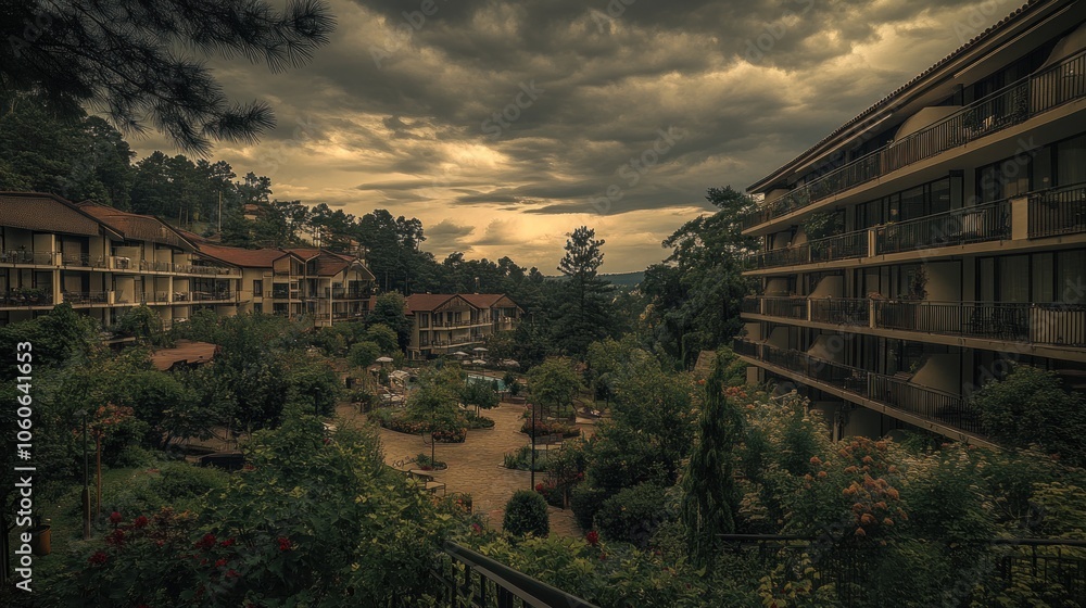A serene view of a garden courtyard surrounded by buildings under a cloudy sky. A serene view of a garden courtyard surrounded by buildings under a cloudy sky.