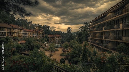 A serene view of a garden courtyard surrounded by buildings under a cloudy sky.