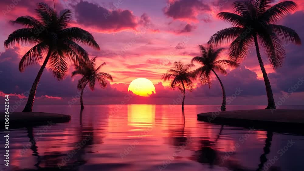 Palm trees sway gently in the breeze as the sun sets over a calm ocean, painting the sky in vibrant shades of pink and purple Palm trees sway gently in the breeze as the sun sets over a calm ocean, painting the sky in vibrant shades of pink and purple