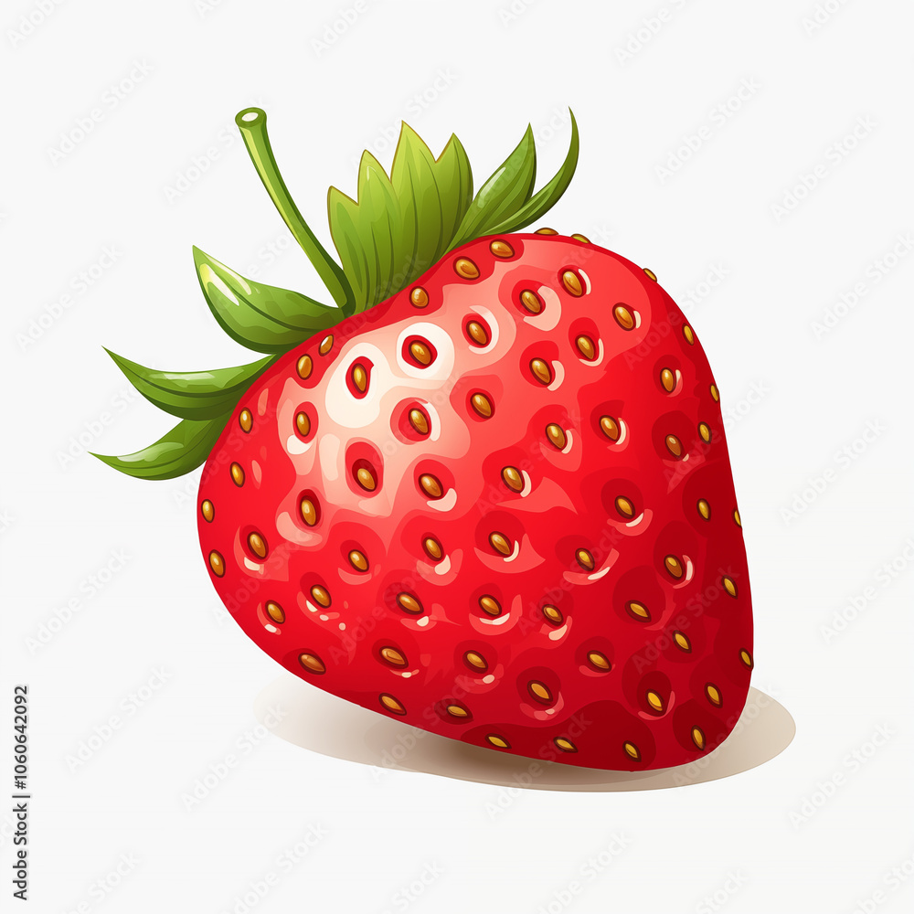 A vibrant cartoon strawberry resting on a smooth background with green leaves atop it A vibrant cartoon strawberry resting on a smooth background with green leaves atop it