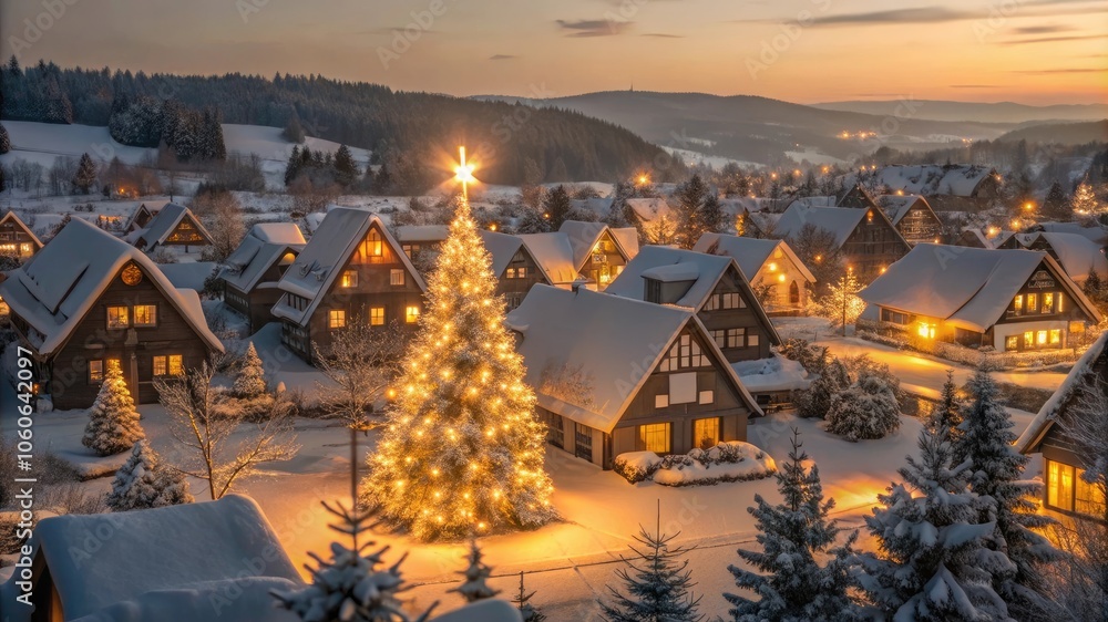 Winter Wonderland: A Charming Snowy Village Illuminated with Warm Lights on a Peaceful Christmas Eve. Winter Wonderland: A Charming Snowy Village Illuminated with Warm Lights on a Peaceful Christmas Eve.
