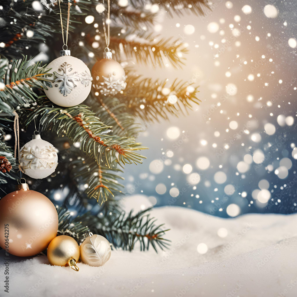 AI generated image of Christmas tree in snow with ornaments blue background AI generated image of Christmas tree in snow with ornaments blue background